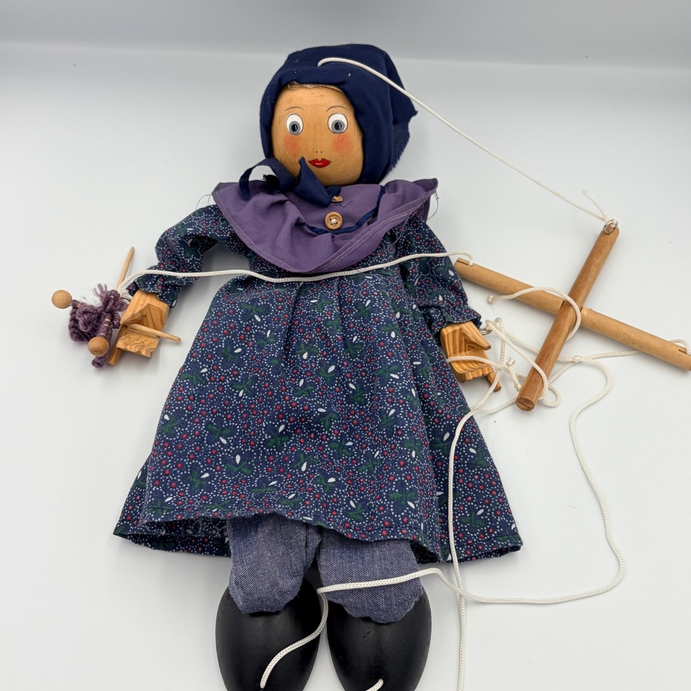 Vintage Marionette Puppet Folk Art Doll Blue‎ Floral Dress Wood Face
